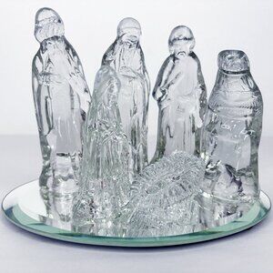 Vintage 6 Piece Glass Nativity Scene w/ Mirror Base 4" Tall
